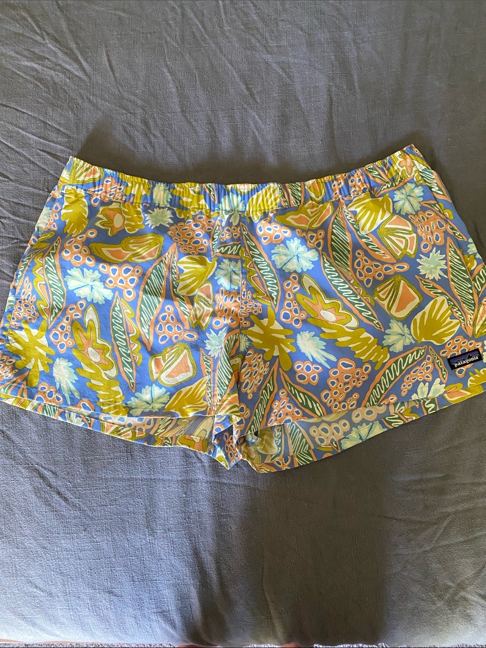 Patagonia Women's Tropical Floral Blue and Yellow Athletic Shorts